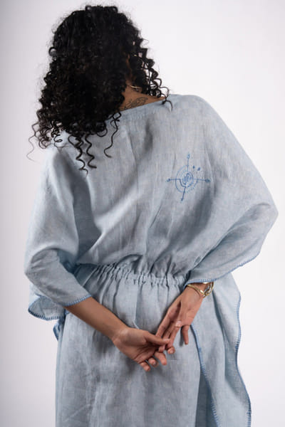 Subtle Shuttle Studio Blue hand embroidered woven kaftan dress SUBTAUG26D151461