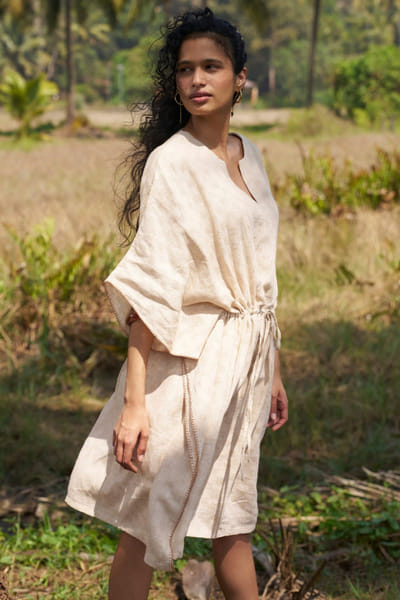 Subtle Shuttle Studio Beige hand embroidered linen kaftan dress SUBTJUN26D146456
