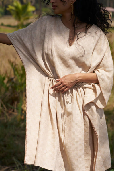 Subtle Shuttle Studio Beige hand embroidered linen kaftan dress SUBTJUN26D146456