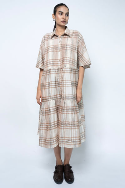 Beige plaid handwoven dress