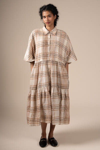Subtle Shuttle Studio Beige checks printed handwoven dress SUBTJUN26D146446
