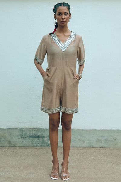 Beige sequin embroidered jumpsuit