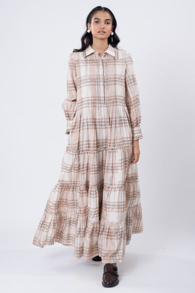 Beige pleated handwoven tiered dress