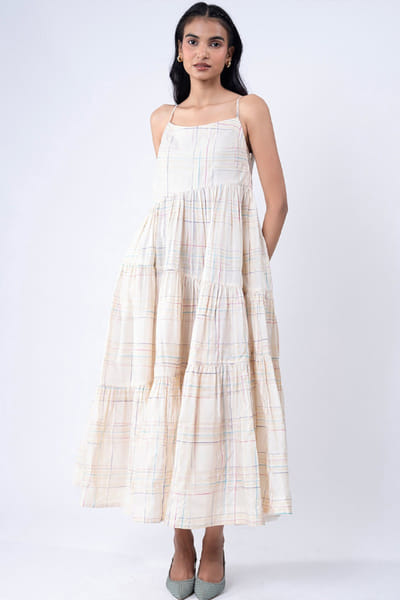 Subtle Shuttle Studio Ivory space dyed plaid hand embroidered dress SUBTAUG26D151452