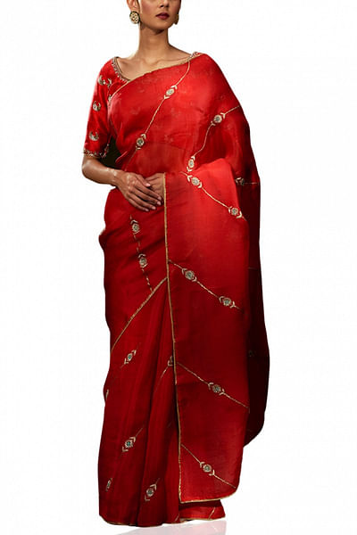 Red embroidered organza sari
