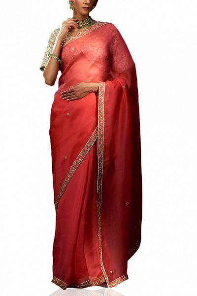 Coral embroidered organza sari