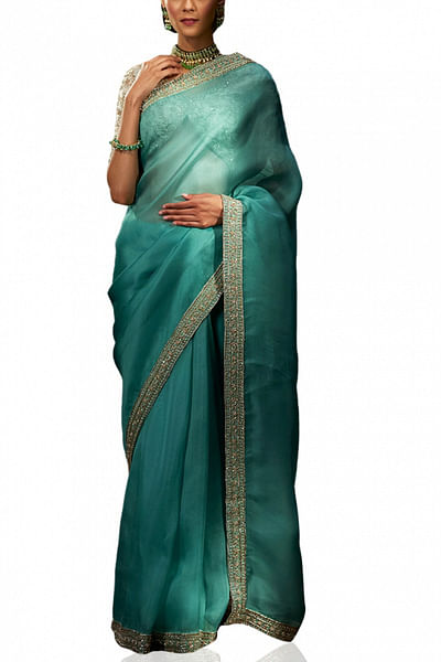 Aqua blue organza sari