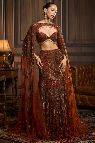 Caramel embroidered lehenga and cape set