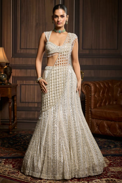 Silver embroidered pre-draped skirt sari set