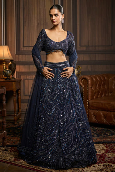 Electric blue embellished lehenga set