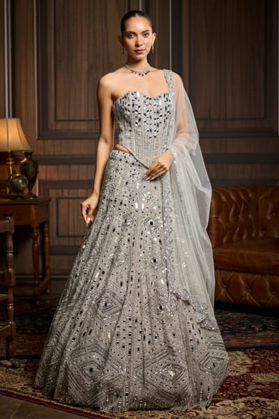 Silver mirror embellished lehenga set