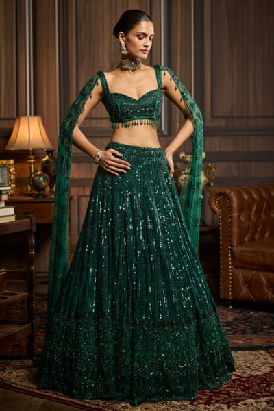 DiyaRajvvir Emerald green embellished lehenga set DIYFEB26D139814