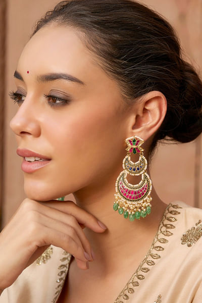 Pink and green kundan and onyx chandbalis