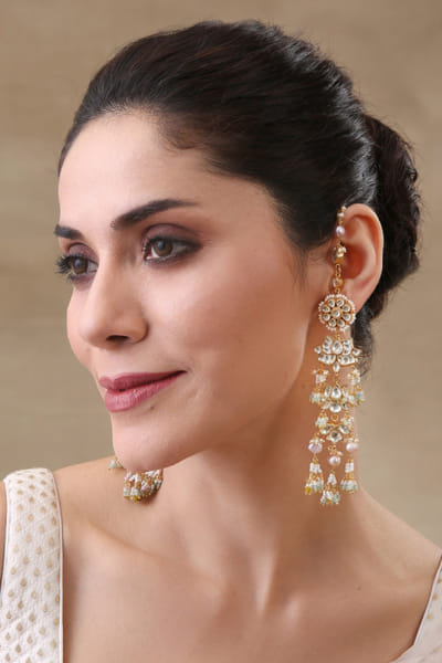 Green and white kundan extension earrings