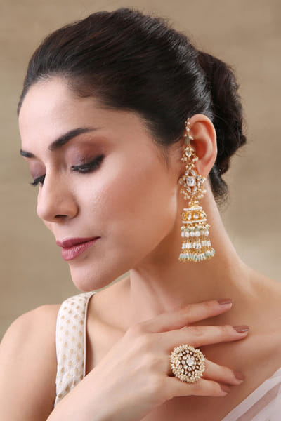 Green kundan and onyx extension jhumkas