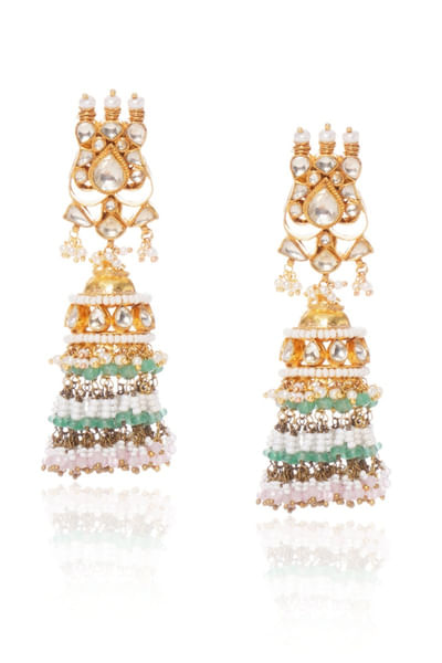 White green kundan embellished jhumka earrings
