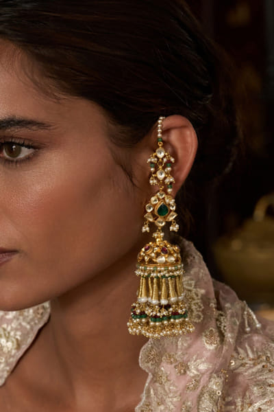 Preeti Mohan Gold and green kundan jhumka earrings PREEJUL26D248539