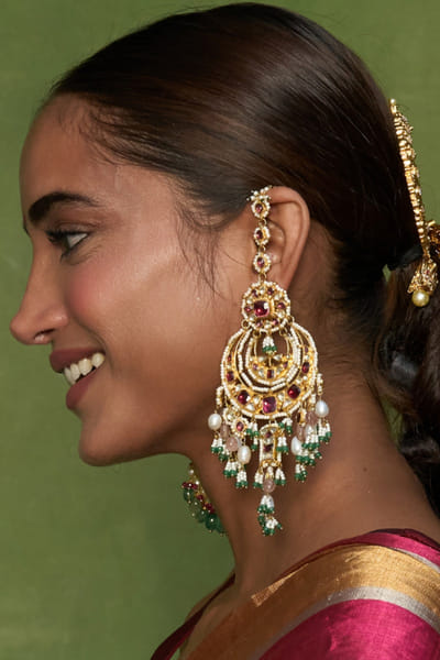 Preeti Mohan Gold and pink kundan chandbali earrings PREEJUL26D248540