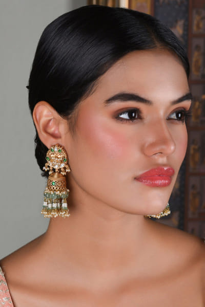 Green kundan and onyx jhumkas
