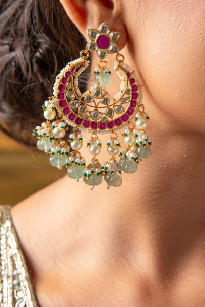 Red and green kundan chandbali earrings