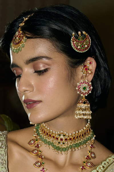 Preeti Mohan Red and green kundan jhumka earrings PREEJUL26D348655
