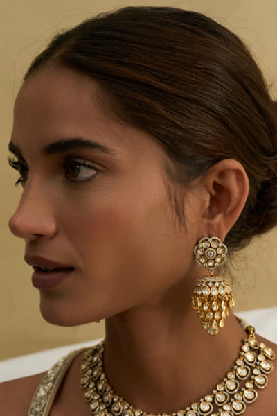 Preeti Mohan Gold and white polki jhumka earrings PREEJUL26D248537