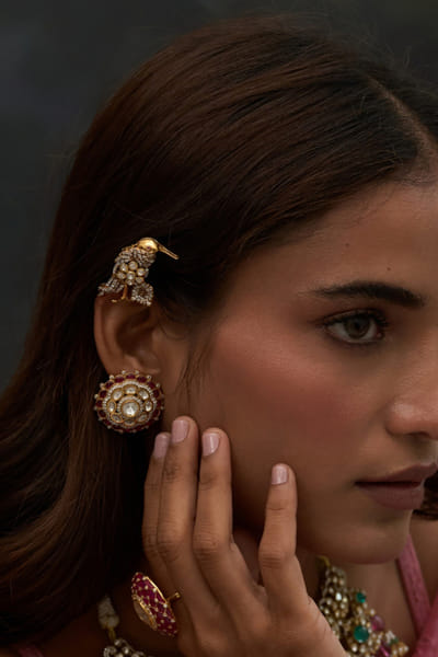Preeti Mohan Ruby red moissanite polki stud earrings PREEJUL26D348654