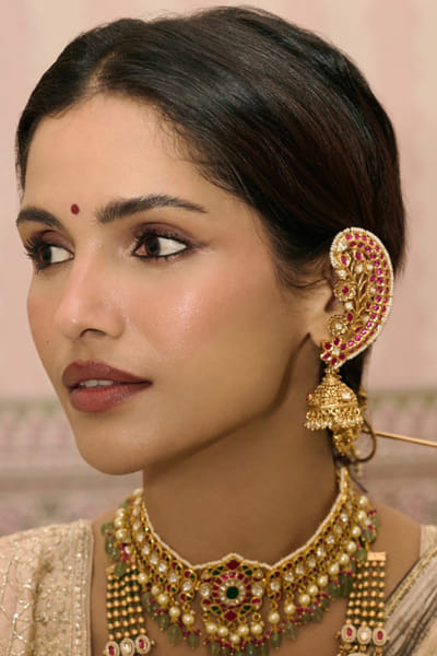 Preeti Mohan Gold and red kundan jhumka earrings PREEJUL26D248534