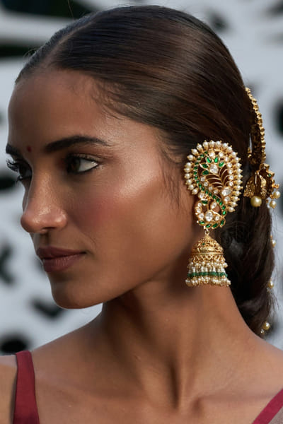 Preeti Mohan Gold and green kundan jhumkas PREEJUL26D248536
