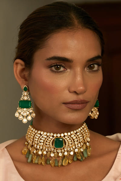 Preeti Mohan White and green polki embellished earrings PREEJUL26D248538