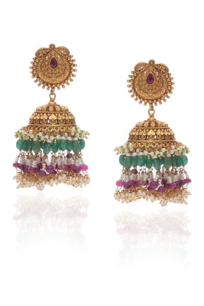 Pink green kundan embellished jhumka earrings