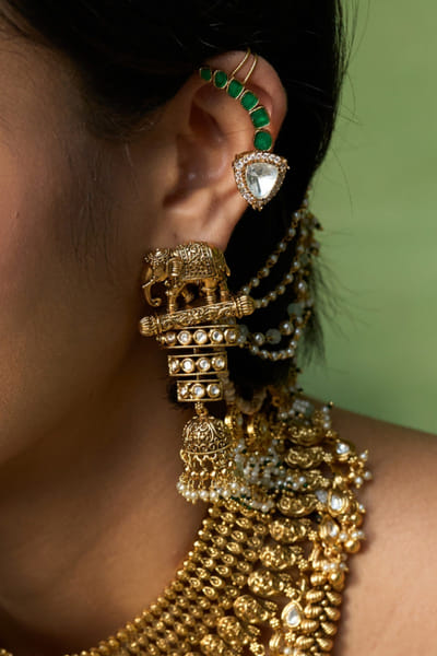 Preeti Mohan Gold and green polki earrings PREEJUL26D248533