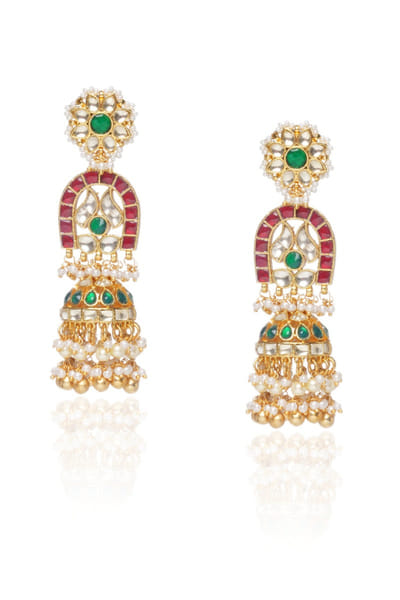 Red and green kundan encrusted jhumkas