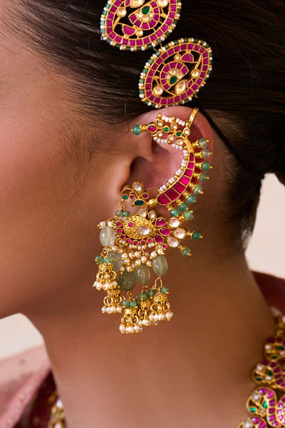 Multicolour kundan and pearl cuff earrings