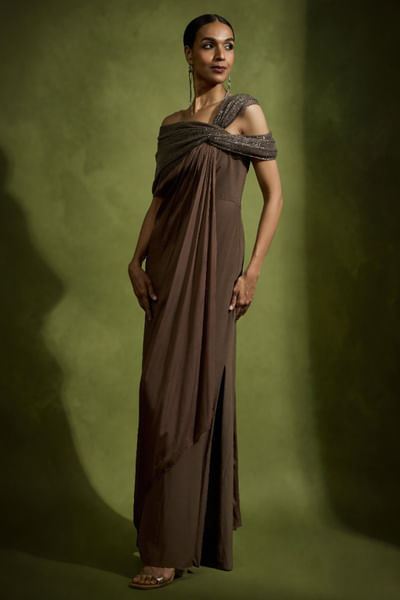 Brown off-shoulder drape dress