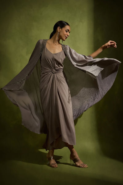 Metallic grey embossed cape dress