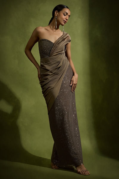 Brown sequin embellished draped corset gown