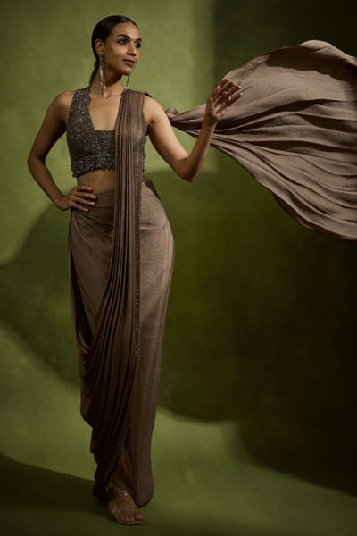 Brown crystal embellished pre-draped sari set