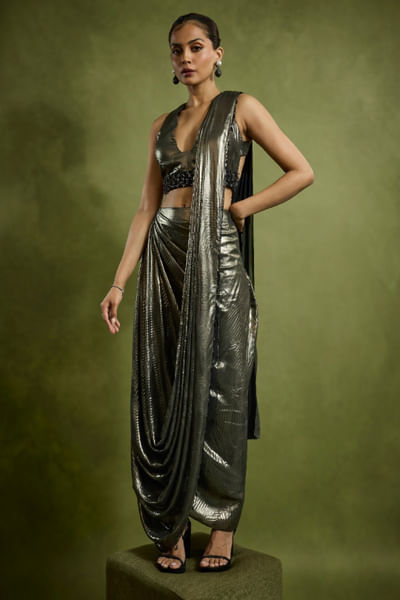 Metallic embroidered pre-draped sari set