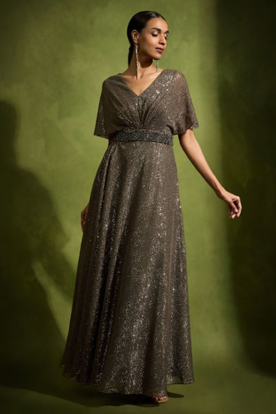 Brown sequin embellished gown