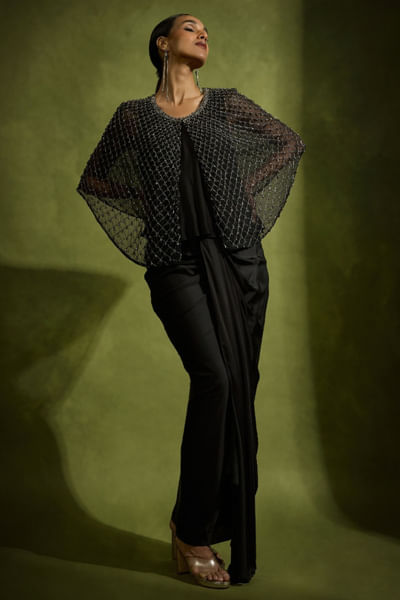 Black sequin embellished cape skirt set