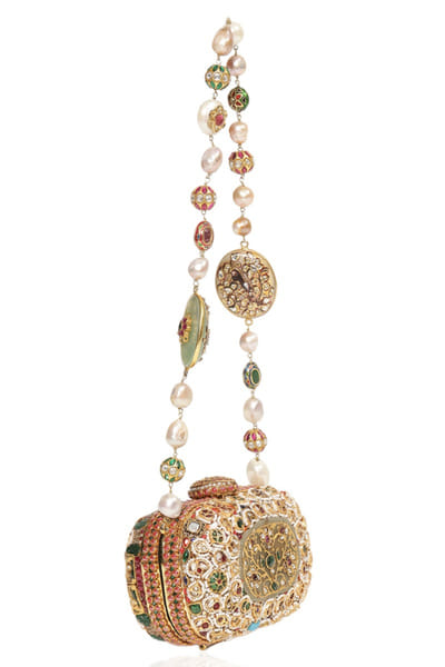 Preeti Mohan White and green kundan embellished handbag PREEMAY26D145447