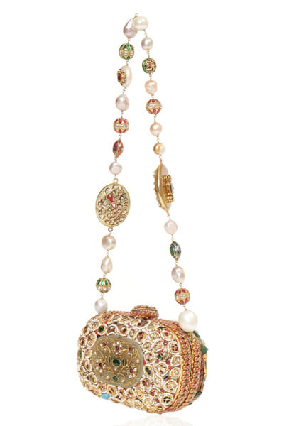 Preeti Mohan White and green kundan embellished handbag PREEMAY26D145447