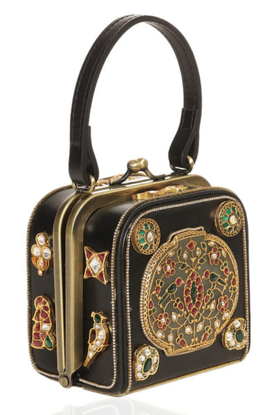 Preeti Mohan Black and gold kundan embellished handbag PREEMAY26D145441