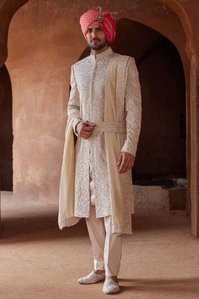 Mushroom resham embroidered sherwani set