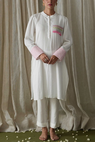 White resham embroidered kurta set