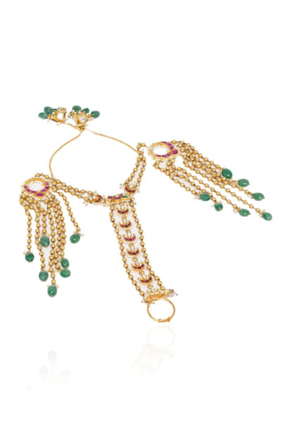 Red and green kundan embellished haath phools