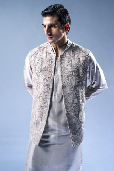 Rohit Gandhi + Rahul Khanna Ivory textured wave pattern open jacket set ROHIAUG26D152965