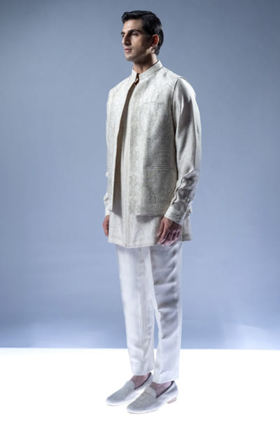 Rohit Gandhi + Rahul Khanna Blush gold embroidered woven motif jacket set ROHIAUG26D152963