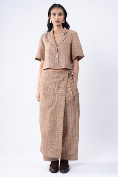 Beige linen silk crop jacket